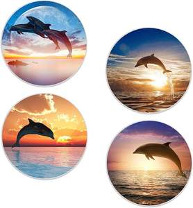Posavasos Antideslizantes de Corcho y Cerámica Ecológicos con Diseño de Delfines al Atardecer Costero para Decoración de Casas de Playa, Hoteles y Ambientes Temáticos Marinos - Product Image 1