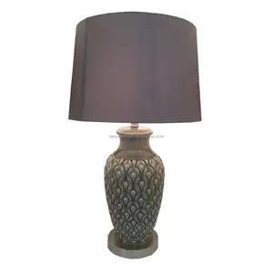 Lampu meja keramik Modern, dengan USB dan outlet kekuatan corak linen dan dasar hitam untuk ruang tamu kamar tidur Roo