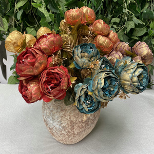 Fleur de pivoine artificielle Suzume II à 9 têtes en tissu doré multicolore pour décoration de mariage et de festival - Product Image 2