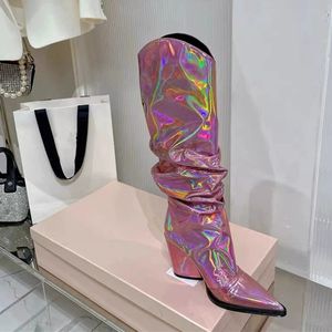 Bottes classiques pour femmes, mode été-automne, hauteur genou, métalliques brillantes, froncées, à bout pointu, talon bloc épais, en PU, à enfiler, respirantes - Product Image 1