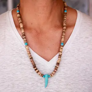 Pendentif corne vintage collier court ethnique en perles de noix de coco collier de clavicule turquoise à chaîne épaisse pour hommes