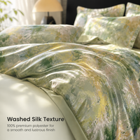 Parure de lit 4 pièces en fibre 100% polyester, effet soie lavée, motif floral, satin rafraîchissant, bordure large, style peinture à l'huile vert luxueux