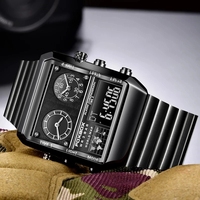LIGE jam tangan 0011 pria, jam tangan Digital olahraga modis anti air tampilan Led baja tahan karat kotak mewah