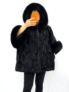 Poncho d'hiver pour femme en véritable fourrure de mouton <span class=keywords><strong>Karakul</strong></span>, réversible, grande taille, à capuche, manches chauve-souris, ample, chaud, décontracté, personnalisable - Product Image 6