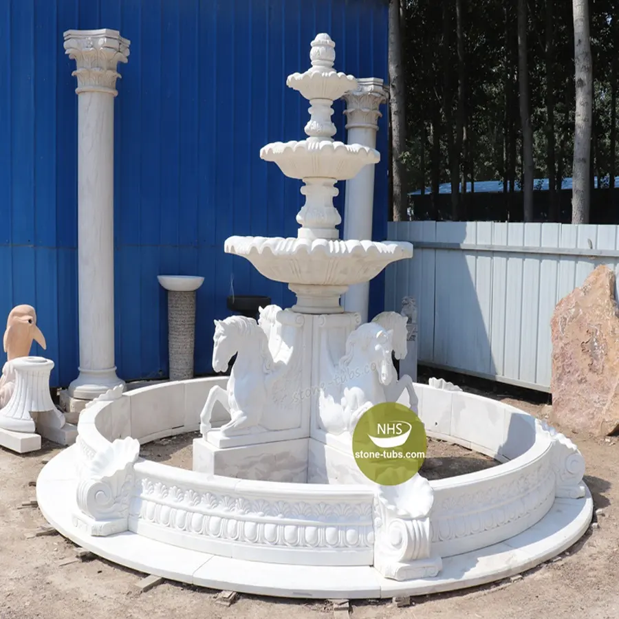 Escultura de mármol personalizado, fuente de caída de agua de caballo de mármol blanco, Fuente de Piedra de mármol natural de 3 niveles
