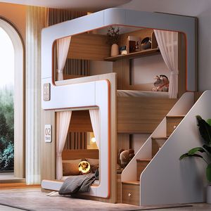 <span class=keywords><strong>Cama</strong></span> <span class=keywords><strong>litera</strong></span> infantil LED futurista moderna con escaleras de almacenamiento, cajones, estantería, muebles para dormitorio infantil, <span class=keywords><strong>cama</strong></span> doble. - Product Image 5