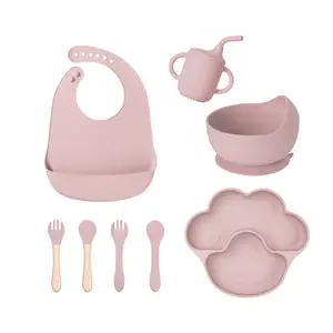 2023 Cute Design BPA-Free Baby Feeding Set Includes Silicone Spoon Bib Bowl and Plate for School Dinner