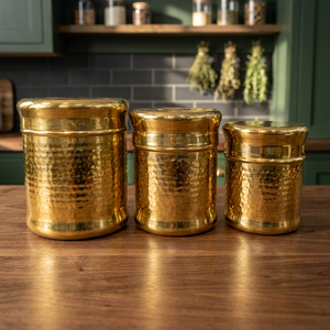Juego de 3 Recipientes Redondos de Metal Dorado Martillado para Especias con Tapa, Contenedores Modernos para Almacenamiento de Alimentos - Product Image 2
