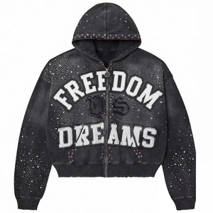 Giacca con Cappuccio Personalizzata Ricamata con Strass |   <span class=keywords><strong>Felpa</strong></span> con Zip <span class=keywords><strong>Nera</strong></span> <span class=keywords><strong>Vintage</strong></span> Stile Gotico Y2K Streetwear per Uomo - Product Image 1