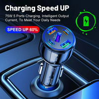 Pengisi Daya Mobil Listrik 5 in 1 75W QC3.0 USB Type-C PD Pengisian Cepat Perlindungan OTP/OVP Tahan Api Logo Kustom Laptop Ponsel Kamera