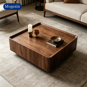 Modern Square <b>Walnut</b> Veneer Coffee <b>Table</b> with Tray Edge & Lacquer Base for Living Room Hotel Lobby - Product Image 2