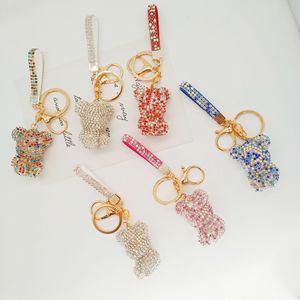 Custom Rhinestone Bear Diamond Key Ring Leather Strap Wristlet Car Key Chain Bag Charm Crystal Bling Keychains