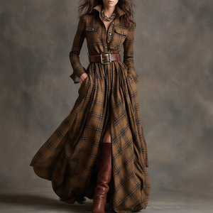 Robe midi à carreaux pour femmes grandes tailles, ourlet asymétrique, robe décontractée vintage amincissante - Product Image 2