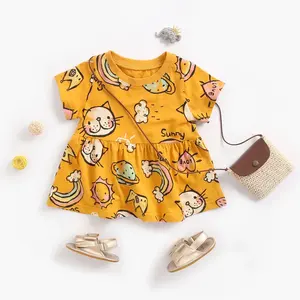 Girls' dress cartoon print summer short sleeved children's skirt European and American children's clothing inset skirt