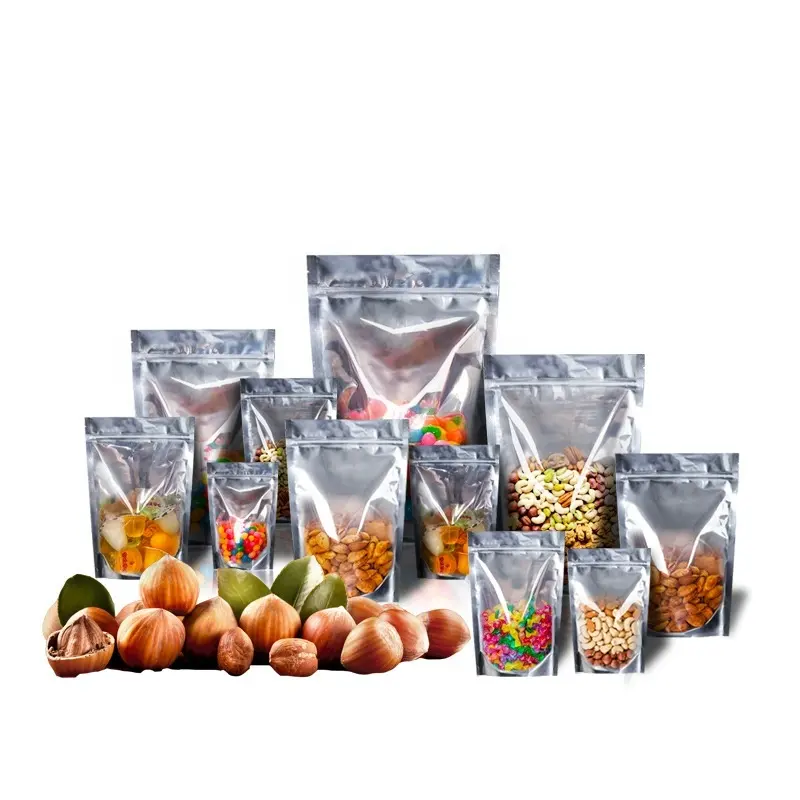 hot sale aluminum foil stand up bag with zipper clear front window food smell proof custom mylar bags