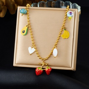 Fruit Pendant Necklace Zinc Alloy Strawberry Banana Avocado Charm Jewelry Gift Fashion Beaded Chain - Product Image 1