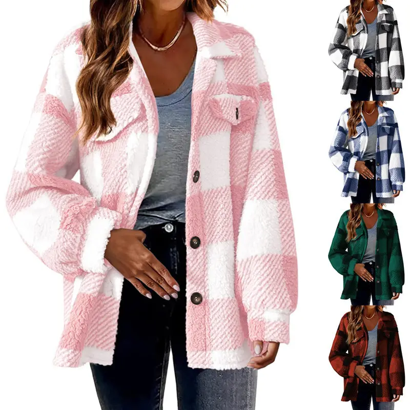 2024 Hot Design Herbst Damen New Fashion Loose Casual Pocket Plaid Lamm Fleece Jacke Button Plüsch Bequemer vielseitiger Mantel