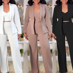 Conjunto de 3 Piezas de Traje Elegante para Mujer con Solapa de Perlas, Chaleco Corto Halter y Pantalones, a la Moda - Product Image 5