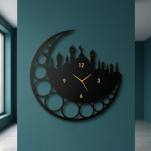 Reloj de Pared Metálico de Ramadán con Diseño de Luna Creciente y Mezquita, Cuarzo Analógico Silencioso, Decoración Colgante para Sala de Estar, 24x24 Pulgadas - Product Image 3