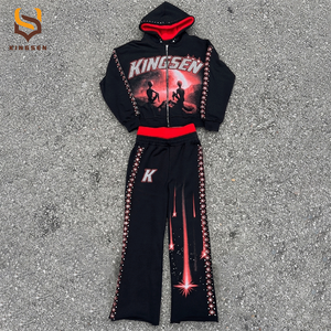 Custom Print Graphic 100% Cotton Breathable Winter Trackuists Set Men French Terry Zip Up Vintage <b>Crop</b> <b>Top</b> Jogging Suits Set - Product Image 1