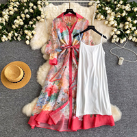 Nouvel ensemble de robe 2 pièces pour femme, robe longue vintage à manches lanternes à motifs floraux avec robe de dessous assortie, tenue pour les vacances et le bureau