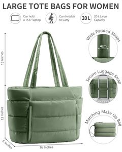 Bolso Tote Acolchado Ligero y Suave para Mujer, con Dos Correas, Diseño Impermeable y Acolchado, para Viajes, Escuela, Gimnasio |   Cierre de cremallera - Product Image 3