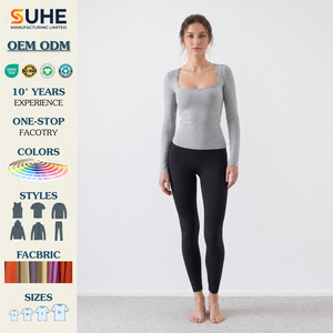 T-shirt sportif en jersey de coton satiné SUHE pour femme, col carré, manches longues, coupe ajustée, extensible, sexy, streetwear, éco-responsable - Product Image 2
