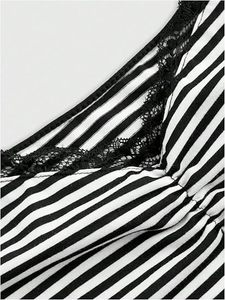 Women's Black White Striped <strong>Cami</strong> <strong>Top</strong> - <strong>Lace</strong> <strong>Trim</strong> V-Neck Thin Spaghetti Straps Ruched Front Fitted Camisole for Casual Daily Wear - Product Image 3