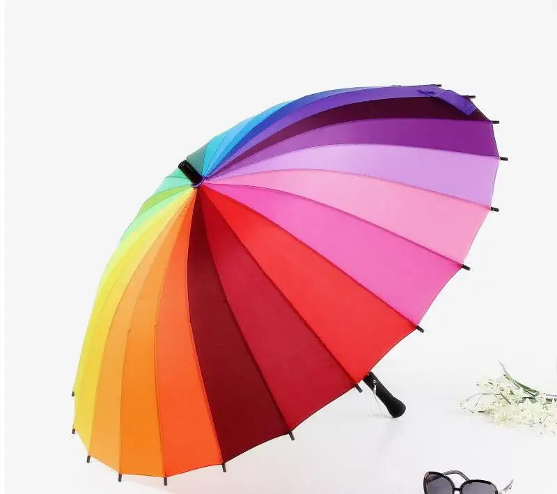 Anti-Uv Zon/Regenstok Topkwaliteit 24K Ribkleur Regenboog Mode Lange Steel Rechte Paraplu Handleiding Grote Parasol