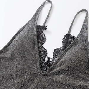 Prezzo di fabbrica Pad rimovibile Halter Monokini pizzo costumi da bagno interi, Sexy grigio Glitter occhiello pizzo scollo a V taglio alto costume da bagno- - Product Image 4