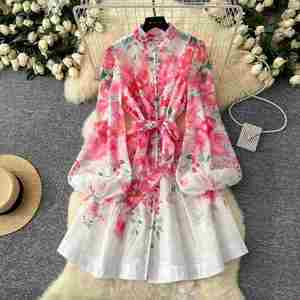 Spring American Style Stand Collar Tunic Casual Midi Dress Women Lantern Sleeve Empire Digital Printing Lace Woven Eco-Friendly - Product Image 1