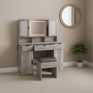 Set Tavolo da Trucco con Specchio LED, Ripiani Portaoggetti, Sgabello Imbottito, Design Moderno, Arredamento Camera da Letto - Product Image 2