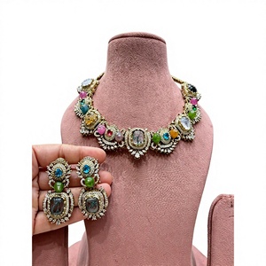 Stylish Premium Quality Brass Gold Plated Moissanite Choker Necklace & Earrings <b>Set</b> for Women Wedding Party Wear - Product Image 2