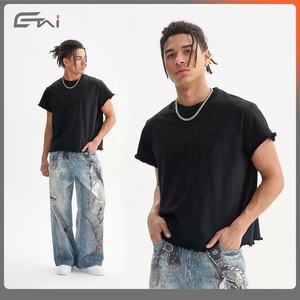 Camiseta de alta calidad de gran tamaño recortada de primavera dobladillo desgastado y parte inferior acanalada cuello redondo mangas cortadas camiseta para hombres - Product Image 5