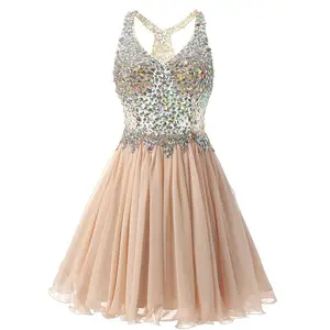 Vestido curto de noite com strass, vestido de festa artesanal com miçangas bordados, mini vestido para estudantes