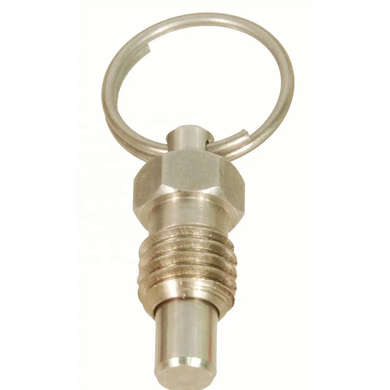 Spring plunger with pull ring available as locking and non-locking and in clear zinc plated steel, stainless steel and brass