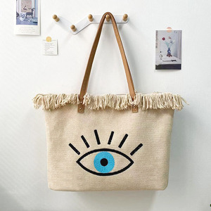 Tote da donna con nappine malocchio alla moda in tela riutilizzabile da <span class=keywords><strong>spiaggia</strong></span> <span class=keywords><strong>e</strong></span> Shopping Bag con chiusura a cerniera - Product Image 2