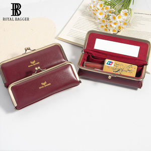 Boîte à bijoux en cuir de vache véritable pour femmes, étui à lunettes rétro, organisateur anti-RFID et porte-monnaie long avec miroir RB6135 - Product Image 1