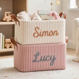 Organizador de Juguetes para Bebés con Nombre Personalizado, Estilo Bohemio, Plegable, Material de Pana Gruesa, Asas de Cuero, Regalo para Ropa de Bebé y Libros - Product Image 1