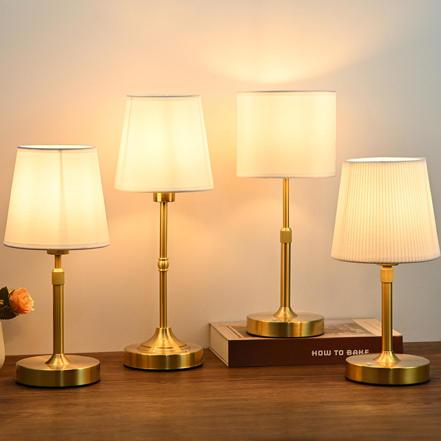 Modern Gold Brass LED Table Lamp Rechargeable Battery Replaceable Rattan Fabric Shade Flexible Iron Body DC Power for Home Decor
