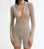 Fabricant de tricots : Combinaison côtelée tricotée couleur avoine, une pièce, à manches longues, avec short moulant, style playsuit, hauts et pulls pour femmes