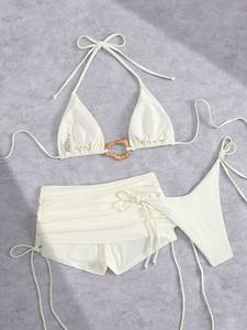 Viviblook Z320ST01 Ensemble Bikini pour femmes, soutien-gorge, short et string, ensemble 3 pièces, maillot de bain couleur unie à lacets, maillot de bain pour femmes, vêtements de plage - Product Image 2