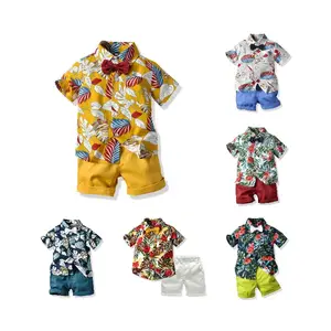 Moda ragazzi abiti camicia e pantaloncini a fiori set boutique tendenza estate abbigliamento per bambini con fiocco