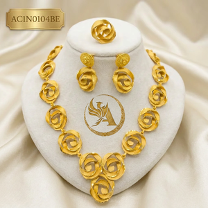 Luxury African Wedding Jewelry Set Gold Plated Rose Design <b>Charm</b> Necklace Earrings Ring for Women Fashion Necklace - Product Image 1