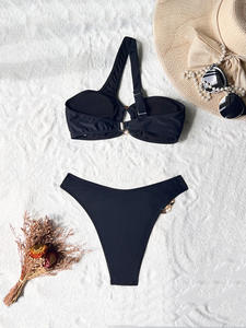 Personalizar Black Bikini Set Mulheres Swimwear Elástico Alça de Ombro Ajustável Top + Triângulo Briefs Swim Suit Beach Wear - Product Image 6