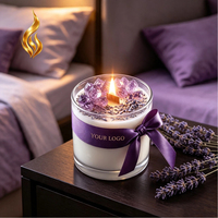 Lot de bougies parfumées en cire de soja à la cristal d'améthyste et aux bourgeons de lavande, mèche en bois, marque privée, avec boîte à ruban violet