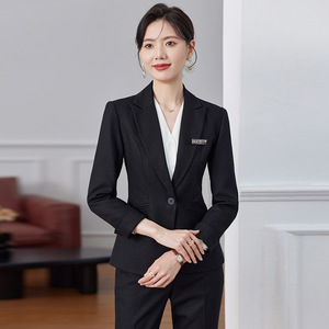 Women's Navy Blue Suit Set Full Sleeve Polyester Worsted Anti-Wrinkle Office Lady Spring Work Uniform - Product Image 4