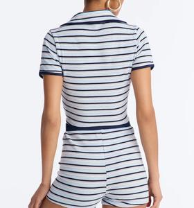 Completo due pezzi da donna in maglia a coste a righe, top corto a maniche corte con colletto <span class=keywords><strong>polo</strong></span> e pantaloncini a vita alta, outfit casual, completo due pezzi da donna per il tempo libero. - Product Image 3