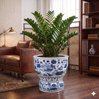 RXGB03-E-LD Bol à poissons en porcelaine bleu et blanc, peint à la main, avec glaçure craquelée, motif étang aux lotus et algues, avec support séparé assorti