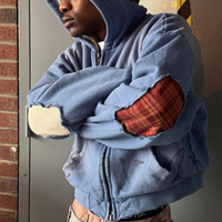 Sweat à capuche zippé en coton lourd délavé Huili pour homme, logo personnalisé imprimé, blocs de couleur, tricot gaufré, coupe ample avec empiècements